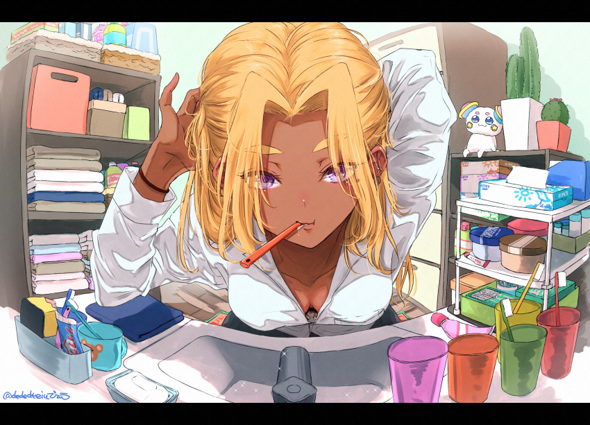 1girl :t adjusting_hair amamiya_erena animal_print arm_behind_head arms_up bathroom bear_print blonde_hair bra bracelet breasts brushing_teeth cactus character_doll close-up collarbone collared_shirt cup cupboard dark_skin dededeteiu ear_piercing earrings eyebrows_visible_through_hair eyes_visible_through_hair faucet foreshortening fuwa_(precure) hair_intakes hair_over_eyes highres indoors jewelry leaning_forward letterboxed lips long_hair long_sleeves looking_at_mirror mimikaki mirror mouth_hold mug open_clothes open_shirt panorama piercing plant potted_plant pout precure purple_eyes reflection rug shadow shelf shirt sink soap_bottle solo sparkle sponge star_twinkle_precure symbol_commentary thick_eyebrows tissue tissue_box toothbrush toothbrush_in_mouth toothpaste towel underwear white_shirt
