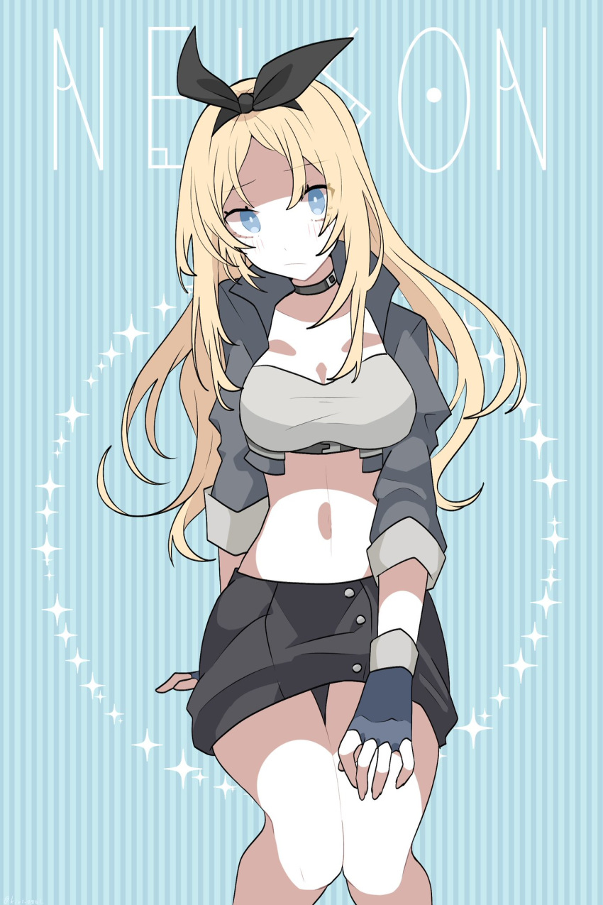 1girl black_hairband blonde_hair blue_background blue_eyes breasts cleavage cowboy_shot cropped_jacket fingerless_gloves gloves grey_gloves grey_jacket grey_skirt hairband highres invisible_chair jacket kantai_collection knees_together kujiramaru large_breasts looking_at_viewer midriff nelson_(kantai_collection) official_alternate_costume race_queen sitting skirt solo strapless striped striped_background tubetop