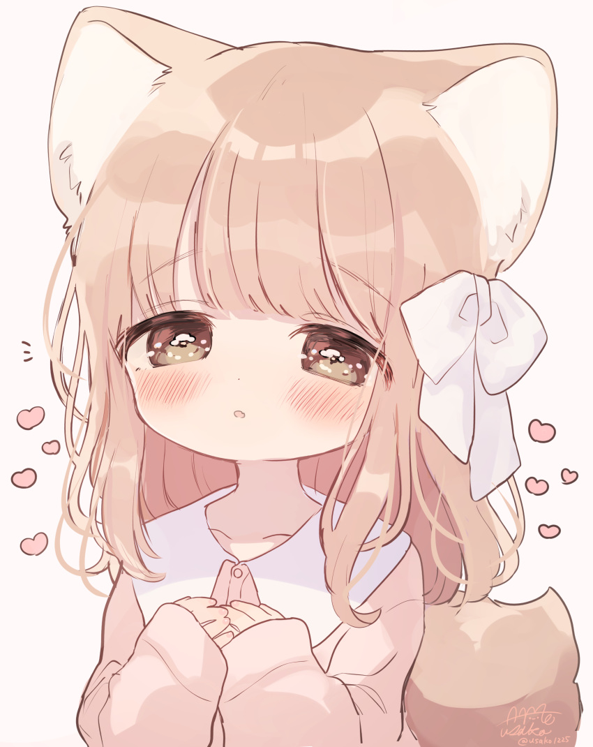 1girl :o absurdres ame_usako animal_ear_fluff animal_ears bangs banned_artist blush bow brown_eyes brown_hair brown_shirt collared_shirt commentary_request dress_shirt eyebrows_visible_through_hair fang hair_bow hands_up heart highres long_hair long_sleeves looking_at_viewer original parted_lips pink_background shirt simple_background sleeves_past_wrists solo tail white_bow