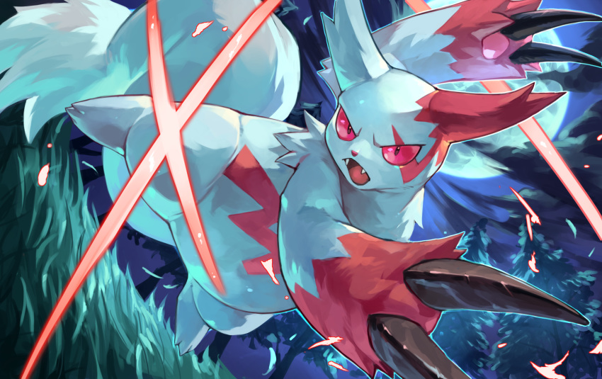 claws cloud commentary_request fangs gen_3_pokemon highres leaves_in_wind moon night no_humans open_mouth outdoors pink_eyes pokemon pokemon_(creature) sky solo tapioka_chaso tongue tree white_fur zangoose