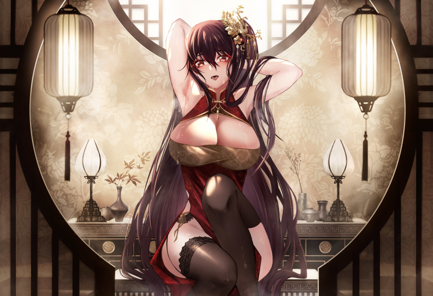 1girl 333_(pixiv8601259) absurdres armpits arms_behind_head azur_lane bangs bare_shoulders black_hair blush breasts bridal_gauntlets china_dress chinese_clothes cleavage cleavage_cutout clothing_cutout dress hair_between_eyes hair_ornament highres knee_up large_breasts long_hair looking_at_viewer red_dress red_eyes sitting solo sweat taihou_(phoenix's_spring_song)_(azur_lane) thighhighs very_long_hair
