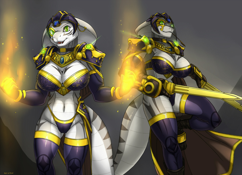 anthro armor big_breasts breasts butt_from_the_front clothed clothing egyptian fangs female furgonomics furry-specific_piercing genitals green_eyes grey_body hi_res holding_object holding_weapon legwear link2004 magic melee_weapon multicolored_body open_mouth open_smile panties partially_clothed piercing pussy reptile scalie shoulder_guards simple_background skindentation smile snake snake_hood snake_hood_piercing solo sword thick_tail thigh_highs tongue two_tone_body underwear wadjet_(kiala_tiagra) weapon white_body