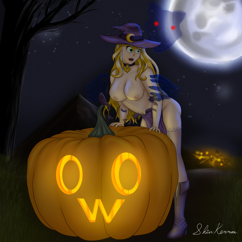 1:1 absurd_res boob_drop canid canine claws clothing fan_character female full_moon glowing glowing_eyes hat headgear headwear hi_res human human_focus jack-o'-lantern light magic_user mammal moon moonlight night outside shadow torn_clothing wardrobe_malfunction were werecanid werecanine werewolf witch witch_hat