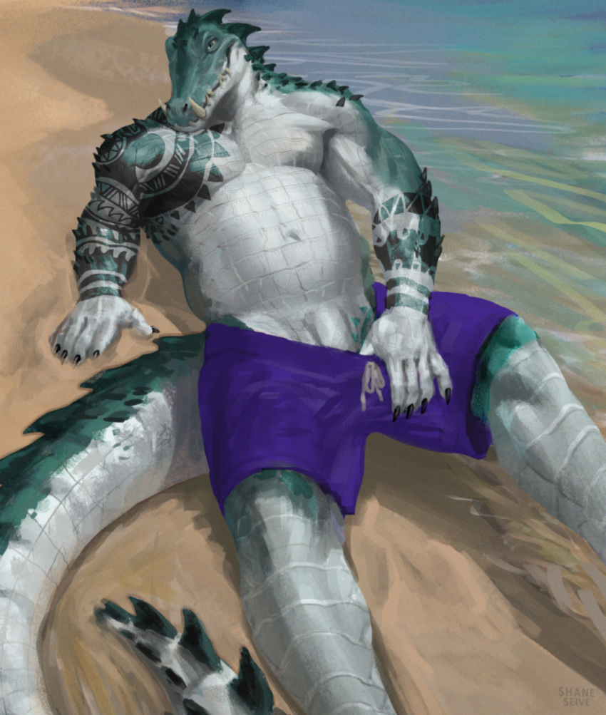 alligator alligatorid anthro beach clothing countershade_scales countershade_torso countershading crocodilian fangs green_body green_scales hi_res male navel reptile sand scales scalie seaside shaneinvasion shoreline solo swimming_trunks swimwear water white_body white_scales