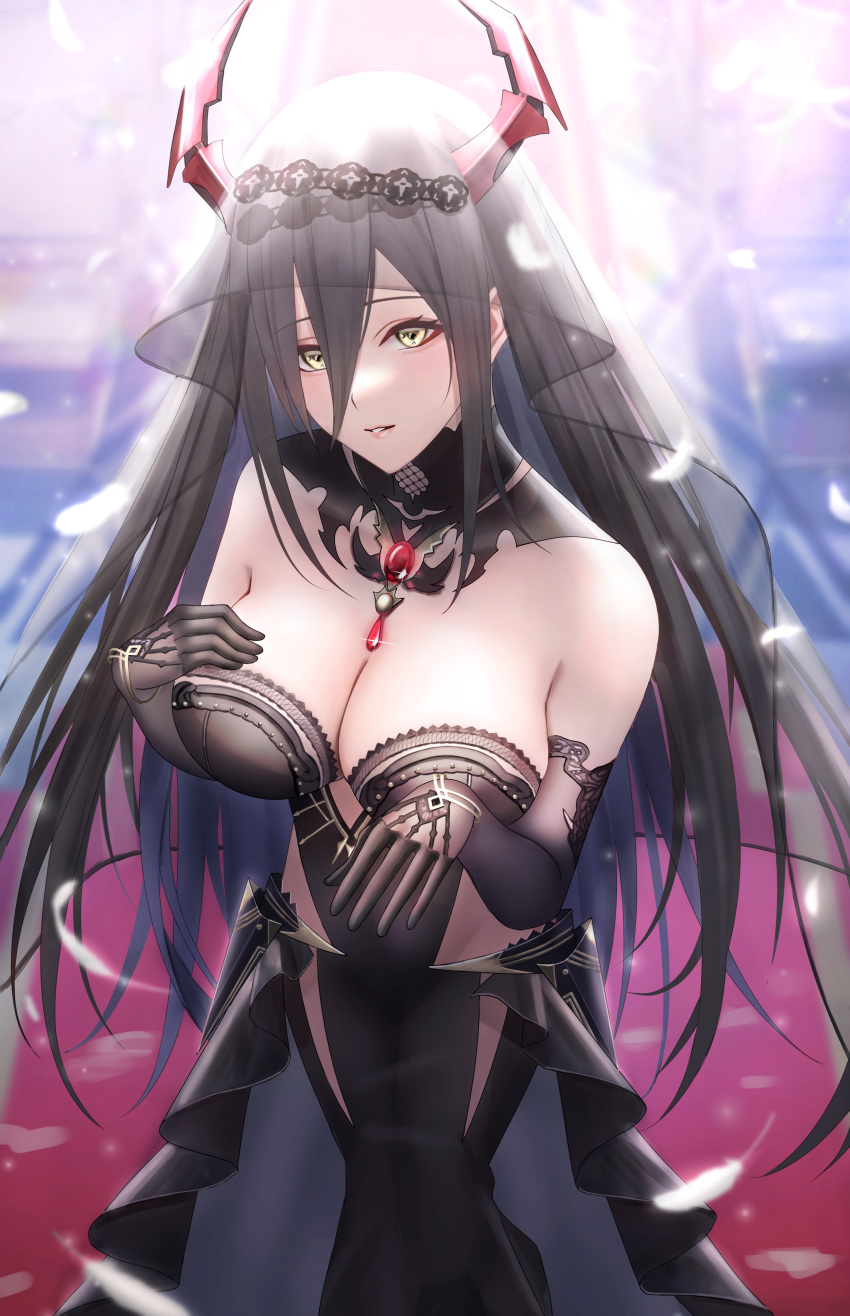 1girl absurdres azur_lane bangs bare_shoulders black_dress black_gloves black_hair blurry blurry_background breasts bridal_veil bride cleavage detached_collar dress elbow_gloves falling_feathers friedrich_der_grosse_(azur_lane) friedrich_der_grosse_(zeremonie_of_the_cradle)_(azur_lane) gloves hair_between_eyes hand_on_own_chest highres horns jewelry large_breasts long_hair necklace parted_lips pink_lips red_carpet standing veil wedding_dress yellow_eyes you_(yoyou)