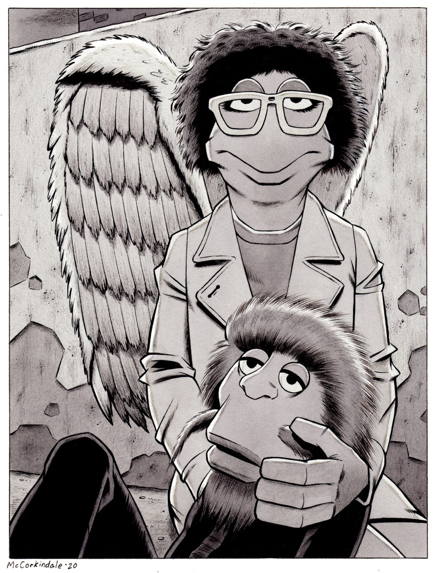 2020 4_fingers angel beard black_and_white border bottomwear bruce_mccorkindale clifford_(muppets) clothing duo facial_hair faraway_so_close! female fingers glasse greyscale hi_res holding_head humanoid jacket looking_at_viewer male mildred_huxtetter monochrome muppet muppets muppets_tonight noseless shaggy_hair signature skirt the_muppet_show topwear wall_(disambiguation) white_border wings