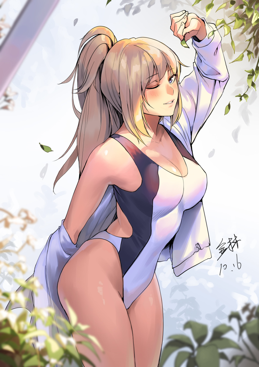 1girl ;) absurdres arm_behind_back arm_up back_cutout blonde_hair blue_eyes blush breasts cleavage clothing_cutout commentary competition_swimsuit dated fate/grand_order fate_(series) highleg highleg_swimsuit highres hood hooded_jacket jacket jeanne_d'arc_(fate)_(all) jeanne_d'arc_(swimsuit_archer) jinlin large_breasts leaf legs one-piece_swimsuit one_eye_closed plant ponytail signature smile solo swimsuit white_jacket white_swimsuit