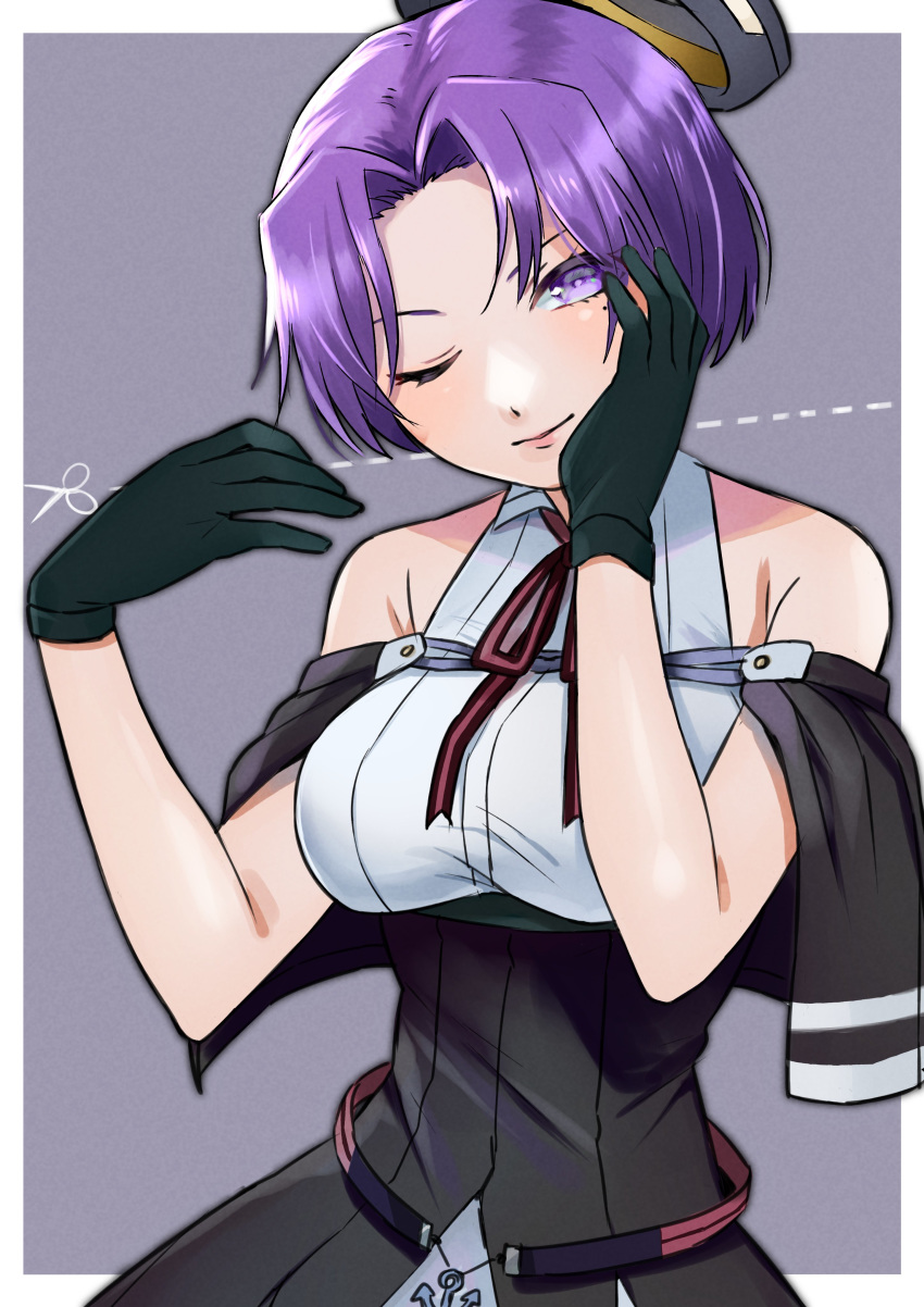 1girl absurdres alternate_hair_length alternate_hairstyle black_capelet black_dress black_gloves border breasts capelet commentary_request dress gloves hair_intakes highres kantai_collection mechanical_halo medium_breasts one_eye_closed purple_background purple_eyes purple_hair remodel_(kantai_collection) short_hair sleeveless sleeveless_dress solo tatsuta_(kantai_collection) toriniku_senshi_chikinman two-tone_background white_border