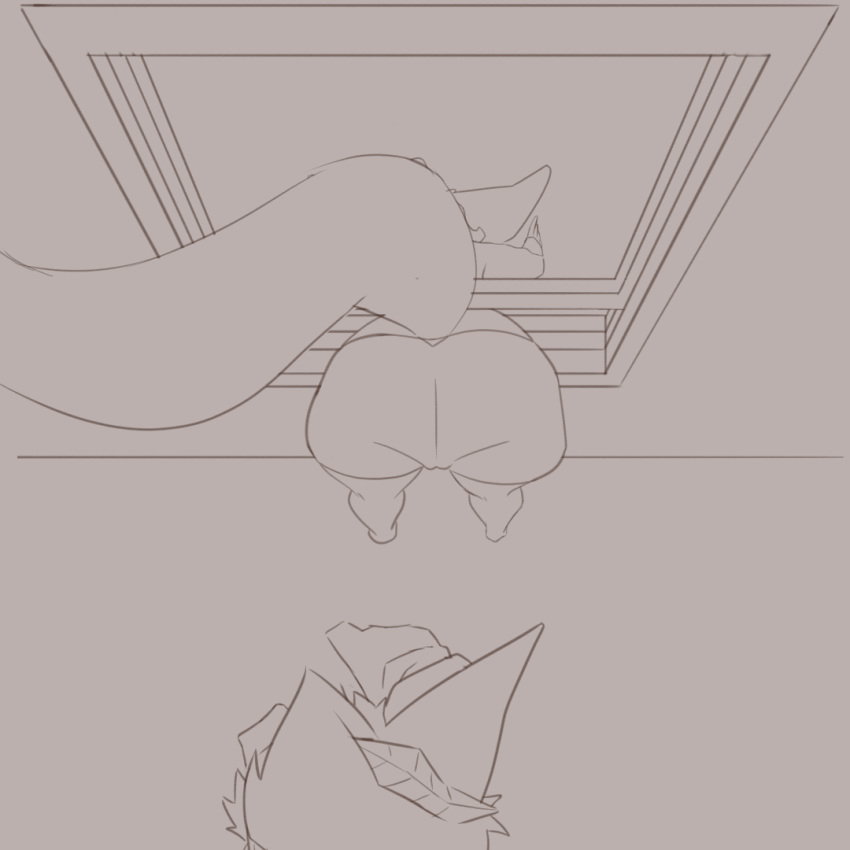 animated anthro camel_toe canid canine dragon duo female fennec fox han_moz helpless high-angle_view kabeshiri male male/female mammal spanking speech_bubble stuck surprise text through_wall trapped window