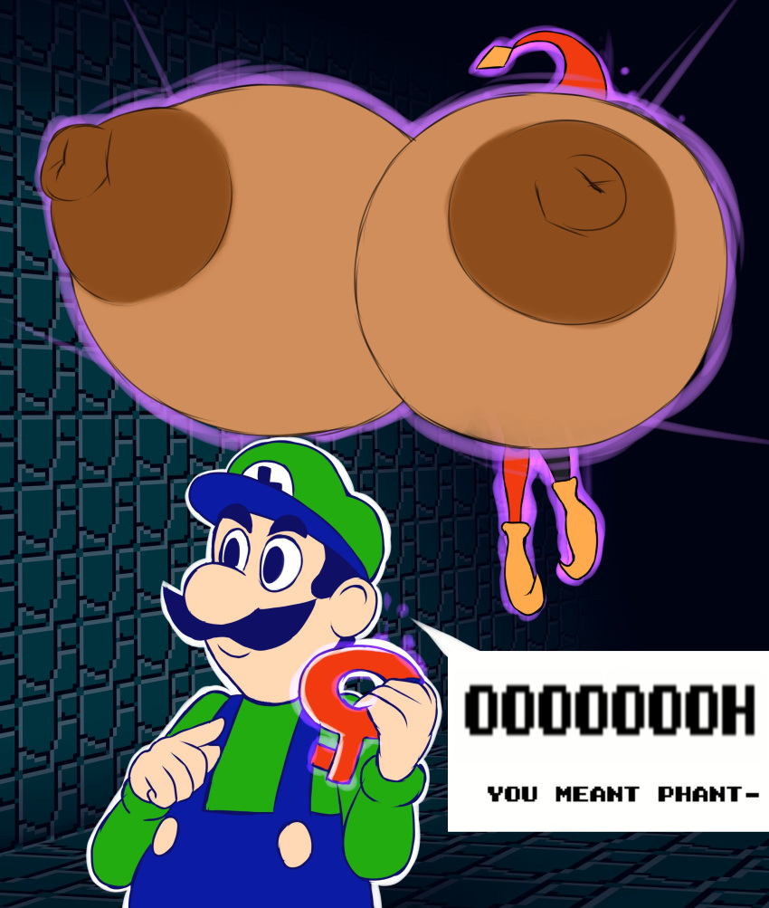 absurd_res alternate_species areola big_breasts breast_expansion breasts clothing dialogue duo elfdrago expansion facial_hair female floating fool's_hat hat headgear headwear hi_res huge_breasts human humanized hyper hyper_breasts inside key levitation luigi male mammal mario_bros mustache nintendo nipples overalls phanto smile speech_bubble video_games