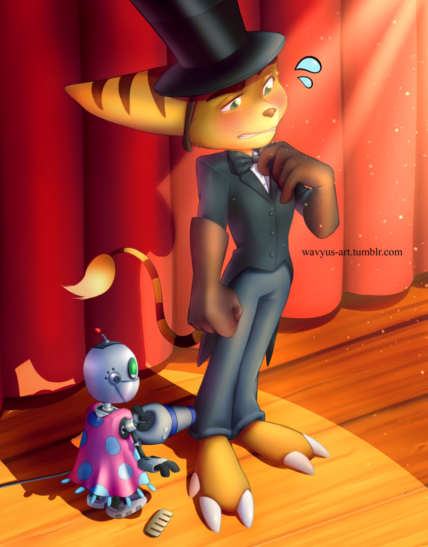 absurd_res anthro barefoot blush bodily_fluids bow_tie brown_body brown_fur clank_(ratchet_&amp;_clank) clothed clothing dress duo felid feline fur gentleman hat headgear headwear hi_res humanoid lombax machine male mammal ratchet ratchet_and_clank robot sony_corporation sony_interactive_entertainment stage stage_lights stripes suit sweat sweatdrop top_hat video_games