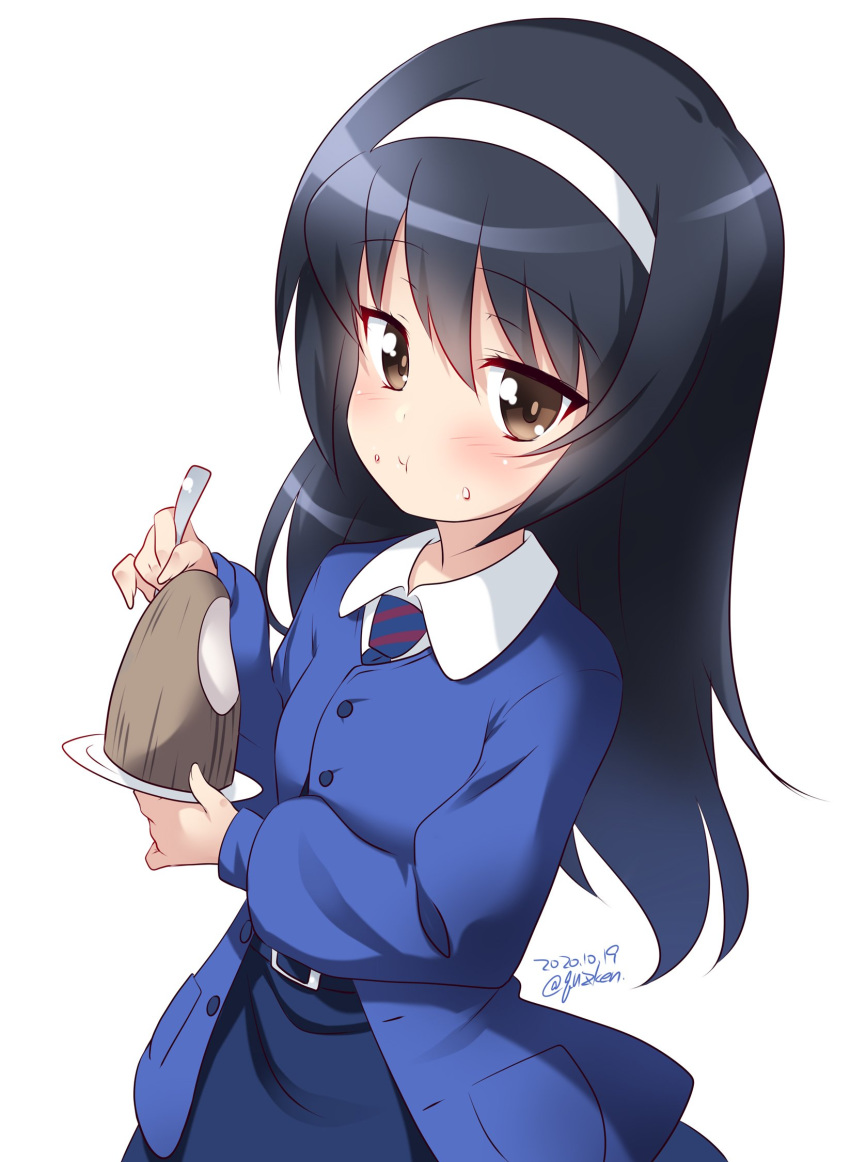 1girl artist_name bc_freedom_school_uniform black_hair blue_skirt blush breasts brown_eyes cake closed_mouth dated eating eyebrows_visible_through_hair food girls_und_panzer hair_ornament hairband highres kuzuryuu_kennosuke long_hair looking_at_viewer necktie reizei_mako school_uniform shiny shiny_hair simple_background skirt small_breasts solo striped striped_neckwear upper_body white_background