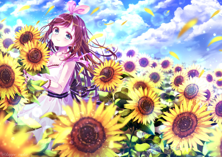 a.i._channel brown_hair clouds dress flowers kappe_reeka kizuna_ai long_hair sky sunflower
