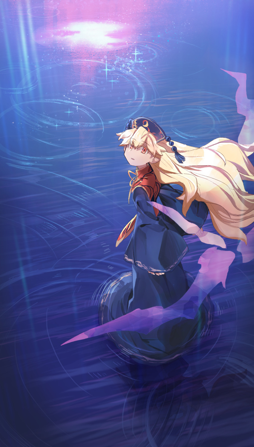 1girl blonde_hair china_dress chinese_clothes dress from_behind hat highres junko_(touhou) long_hair long_sleeves looking_at_viewer parted_lips pointy_ears red_dress red_eyes ripples shichigatsu solo standing tassel touhou walking walking_on_liquid water