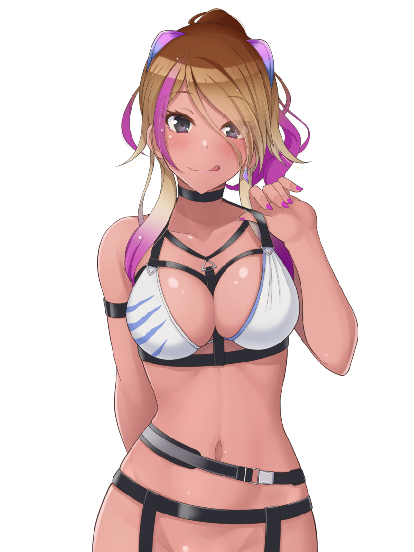 1girl :3 :q alfort_(may0508) between_breasts black_eyes blonde_hair blush bottomless breasts brown_hair dark_skin eyebrows_visible_through_hair gradient_hair gyaru highres idolmaster idolmaster_shiny_colors izumi_mei large_breasts long_hair looking_at_viewer multicolored_hair navel ponytail purple_hair simple_background smile solo stomach strap_lift streaked_hair tongue tongue_out white_background