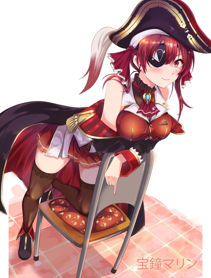 1girl absurdres ankle_boots arrow_through_heart ascot black_cape blush boots breast_hold breasts brooch brown_legwear cape chair character_name commentary english_commentary engrish_commentary eyepatch full_body gold_trim hair_ribbon hat heart heart_print highres hololive houshou_marine jewelry kneeling lace-trimmed_legwear lace_trim leaning_on_object light_smile looking_at_viewer medium_breasts on_chair one_knee paddy_san pinky_out pirate_hat red_eyes red_hair red_lining red_skirt ribbon simple_background skirt solo stenciled_rose thighhighs tile_floor tiles twintails virtual_youtuber white_background