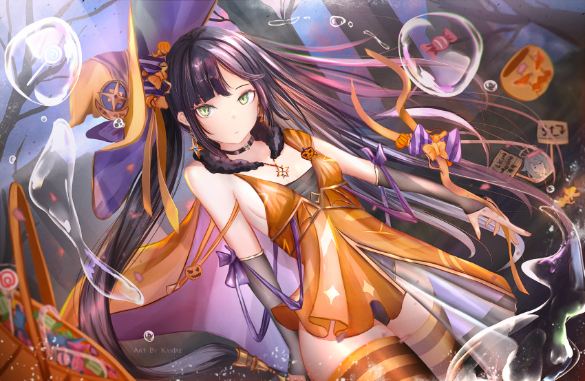 dress genshin_impact halloween kayjae leotard mona_(genshin_impact) no_bra see_through thighhighs witch