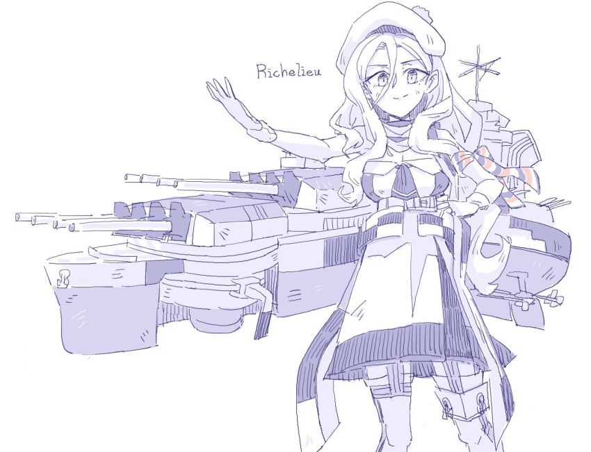 1girl armband beret breasts cannon cleavage cowboy_shot dress garter_straps gloves greyscale hair_between_eyes hat juraki_hakuaki kantai_collection large_breasts long_hair looking_at_viewer machinery mole mole_under_eye monochrome multicolored multicolored_clothes multicolored_ribbon multicolored_scarf pom_pom_(clothes) ribbon richelieu_(kantai_collection) rigging scarf smile solo strapless strapless_dress thighhighs turret very_long_hair wavy_hair white_background