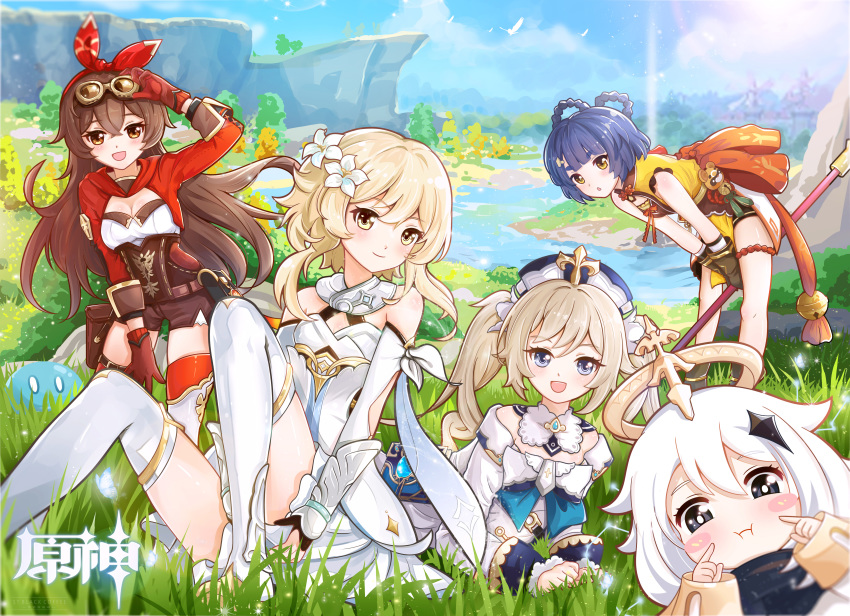 5girls :d :o absurdres adjusting_clothes adjusting_goggles adjusting_headwear amber_(genshin_impact) barbara_(genshin_impact) blonde_hair blue_eyes blue_slime blush breasts bug butterfly cape chinese_commentary chinese_text cleavage commentary_request constellation dress flower genshin_impact goggles goggles_on_head grass grassy hair_flower hair_ornament hair_ribbon halo hat highres insect leaning_forward long_hair looking_at_viewer lumine_(genshin_impact) multiple_girls nature open_mouth paimon_(genshin_impact) polearm puffy_cheeks qq1023550100 red_ribbon ribbon river scarf short_hair sitting slime small_breasts smile sparkle translation_request twintails weapon white_dress white_hair xiangling_(genshin_impact)