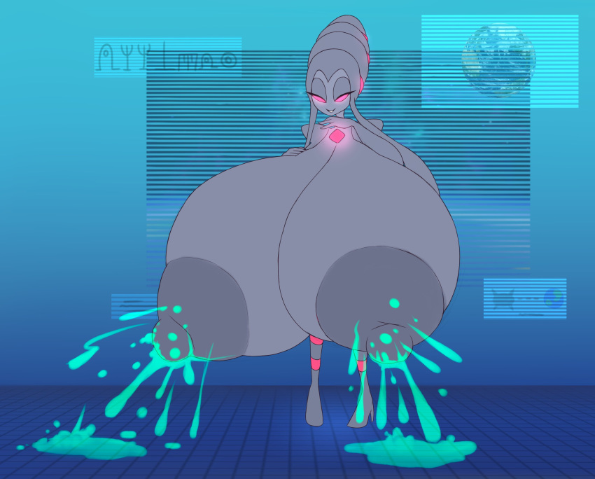 alien areola big_breasts bodily_fluids breast_expansion breasts earth elfdrago expansion female grey_body grey_skin hi_res huge_breasts humanoid hyper hyper_breasts lactating narrowed_eyes nintendo nipples pok&eacute;mon solo standing video_games