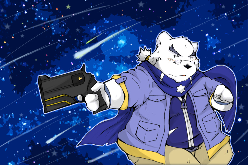 2015 3:2 anthro bottomwear clothed clothing fully_clothed fur kemono male mammal night overweight overweight_male pants polar_bear scarf shirt snow_utamaru solo star topwear ursid ursine weapon white_body white_fur