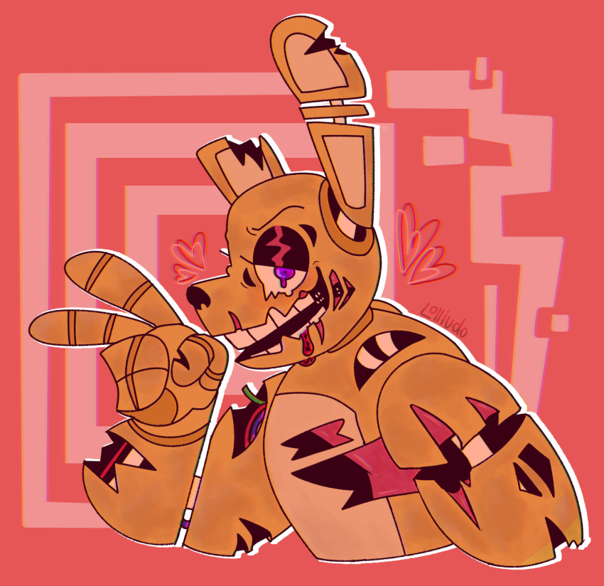 &lt;3 5_fingers animatronic blood bodily_fluids fingers five_nights_at_freddy's five_nights_at_freddy's_3 gesture half-closed_eyes hi_res lagomorph leporid looking_at_viewer ludodraws machine male mammal narrowed_eyes notched_ear open_mouth purple_eyes rabbit red_background robot simple_background smile solo springtrap_(fnaf) v_sign video_games yellow_body