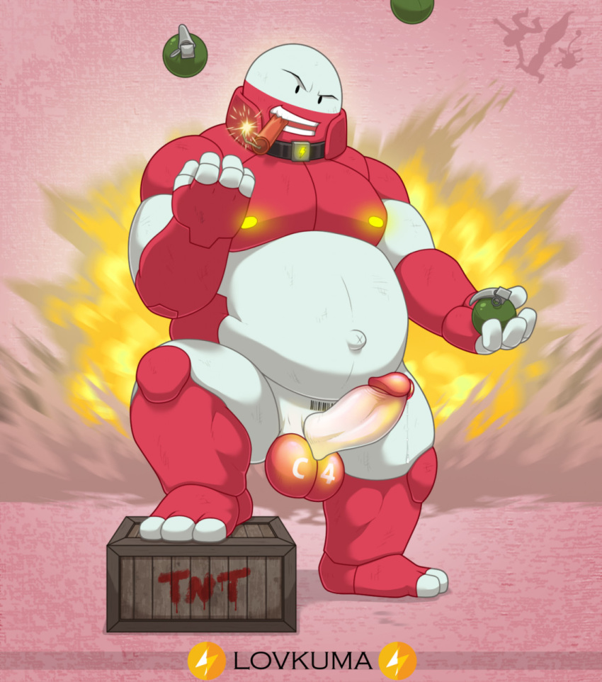 3_toes 5_fingers action_pose balls barcode belly big_balls big_penis bite collar digital_drawing_(artwork) digital_media_(artwork) dynamite electrode_(pok&eacute;mon) english_text explosion explosives fingers genitals glowing glowing_genitalia glowing_nipples glowing_penis grenade hi_res humanoid living_machine looking_at_viewer lovkuma machine male musclegut navel nintendo nipples nude open_mouth outie_navel overweight pecs penis pok&eacute;mon pok&eacute;mon_(species) pose pubic_tattoo raised_leg red_body robot robot_humanoid simple_background solo teeth text thick_thighs toes video_games watermark weapon white_body