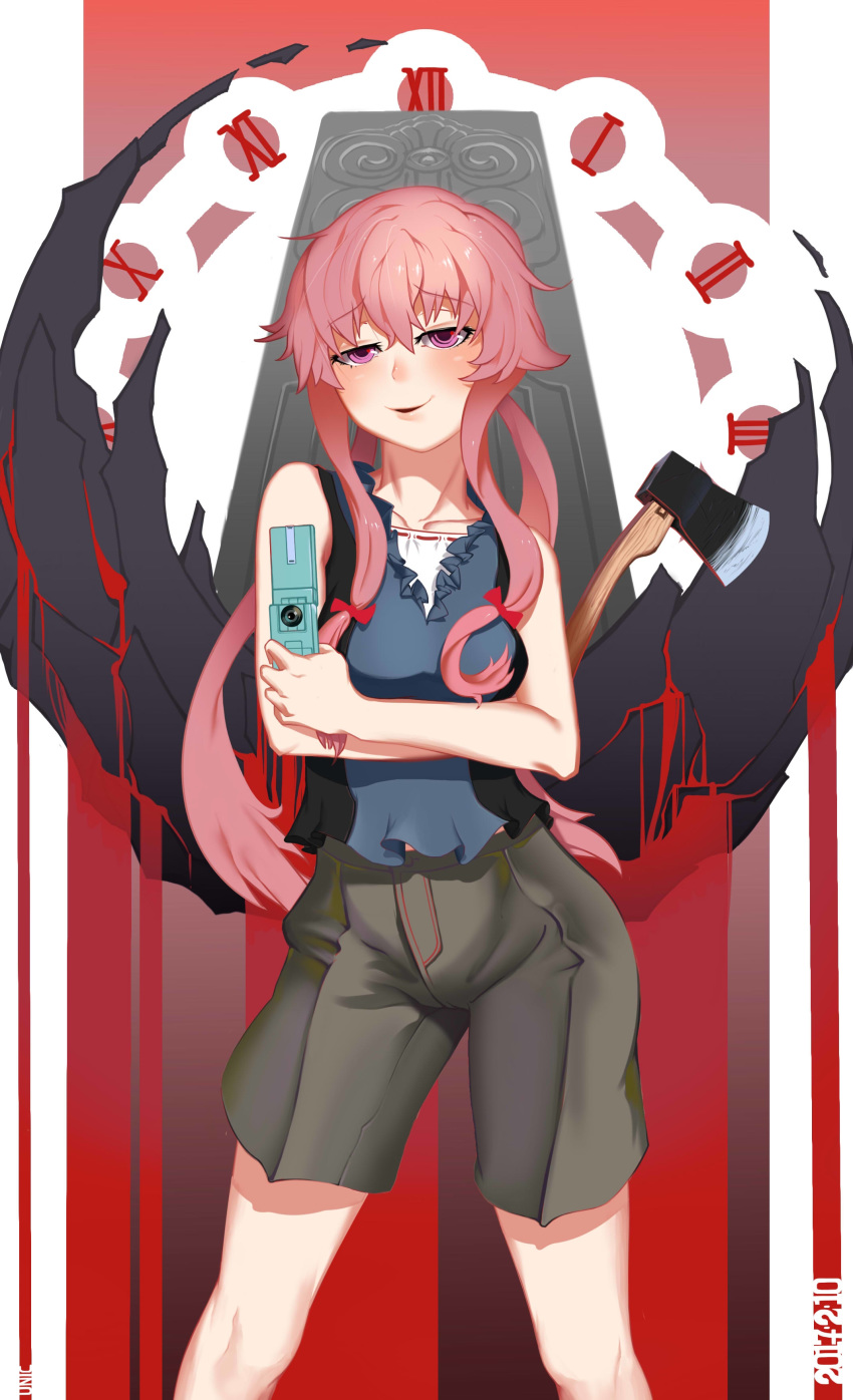 1girl absurdres axe bangs blouse blue_blouse blush cellphone death_knell eyebrows_visible_through_hair flip_phone gasai_yuno hair_ribbon highres holding holding_phone holding_weapon long_hair mirai_nikki phone pink_eyes pink_hair red_background ribbon roman_numerals weapon