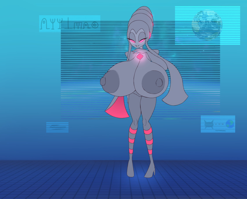 alien areola big_breasts breast_expansion breasts earth elfdrago expansion female grey_body grey_skin hi_res huge_breasts humanoid hyper hyper_breasts narrowed_eyes nintendo nipples pok&eacute;mon solo standing video_games