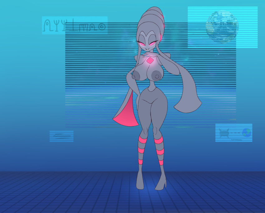 alien areola big_breasts breasts earth elfdrago featureless_crotch female grey_body grey_skin hi_res humanoid narrowed_eyes nintendo nipples pok&eacute;mon solo standing video_games