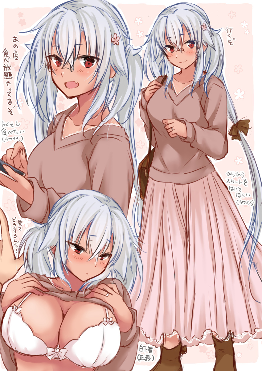 1girl absurdres blush bra breasts brown_shirt cleavage commentary_request dark_skin graphite_(medium) grey_hair highres huge_breasts jewelry kantai_collection long_hair long_skirt mashiro_yukiya millipen_(medium) multiple_views musashi_(kantai_collection) open_mouth pink_skirt red_eyes ring shirt shirt_lift skirt smile traditional_media translation_request two_side_up underwear very_long_hair wedding_band white_bra