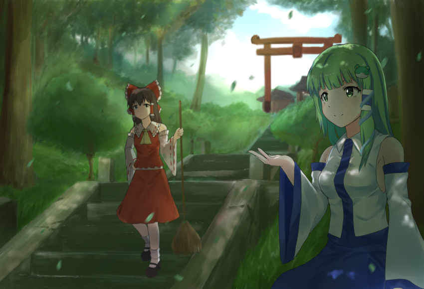 2girls ankle_socks arm_up black_footwear blue_skirt blue_sky broom brown_eyes brown_hair cloud cravat dappled_sunlight day detached_sleeves doge_(jkdoge) expressionless falling_leaves frog_hair_ornament green_eyes green_hair hair_ornament hair_ribbon hair_tubes hakurei_reimu hand_on_hip holding holding_broom kochiya_sanae leaf long_hair looking_at_another looking_to_the_side mary_janes multiple_girls outdoors red_skirt red_vest ribbon ribbon-trimmed_sleeves ribbon_trim shoes shrine sidelocks single_sidelock sitting skirt sky smile snake_hair_ornament stairs standing stone_stairs sunlight torii touhou tree vest white_legwear white_vest wide_sleeves yellow_neckwear