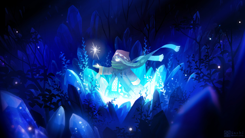 1girl bag blonde_hair blue_eyes blue_theme braid commentary crystal dark fantasy forest hand_up highres hood light_particles long_hair nature original sachi_(yumemayoi) satchel scarf scenery signature solo
