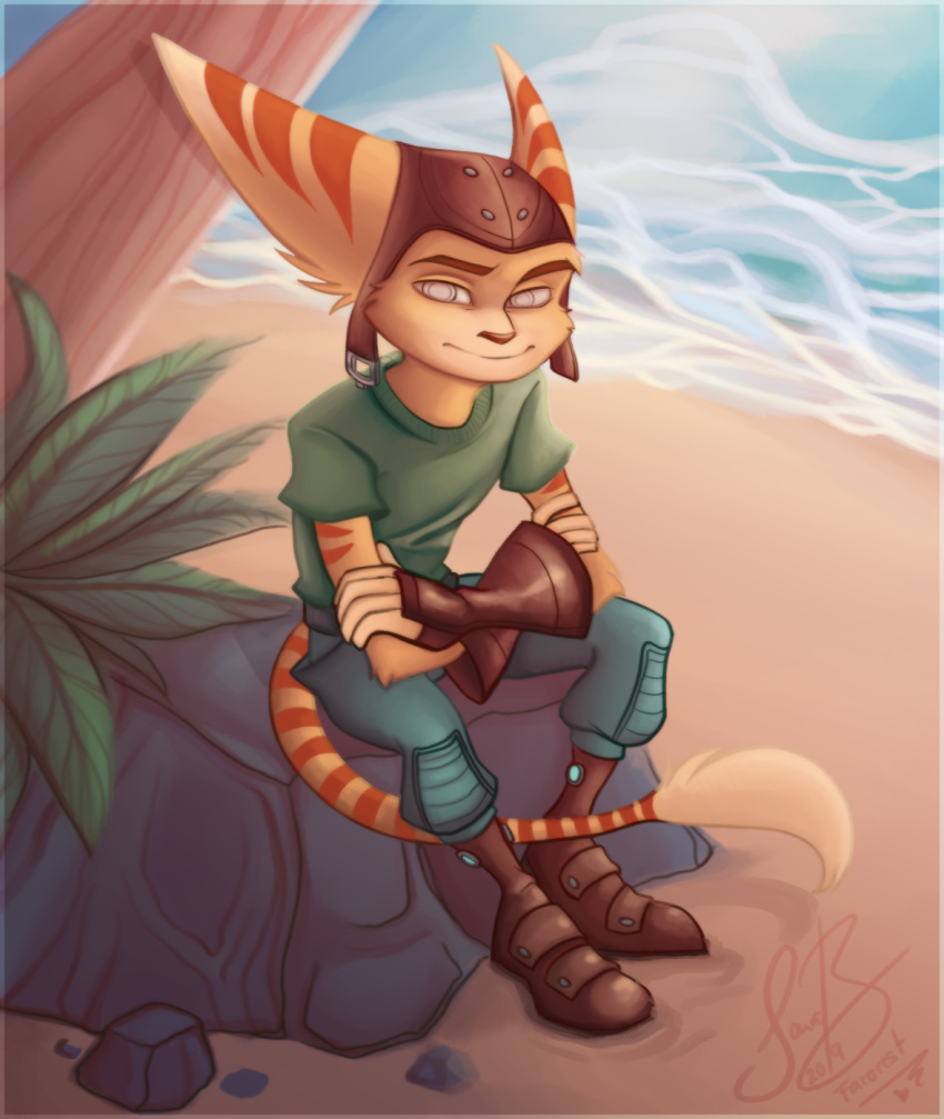 2019 5_fingers anthro beach bottomwear brown_nose clothing crossed_arms ear_markings eyebrows facial_markings farorest fingers footwear fur gloves grass handwear hat head_markings headgear headwear hi_res lombax long_tail male mammal markings pants ratchet ratchet_and_clank rock seaside shirt shoes sitting sony_corporation sony_interactive_entertainment tail_markings topwear tree video_games water white_eyes yellow_body yellow_fur