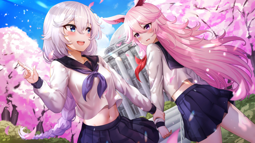 2girls absurdres animal_ears bangs black_sailor_collar blue_eyes blue_skirt blush braid braided_ponytail building bunny_ears character_request cherry_blossoms cropped_shirt eyebrows_visible_through_hair hair_between_eyes highres holding_arm honkai_(series) honkai_impact_3rd index_finger_raised long_hair long_sleeves midriff multiple_girls navel outdoors pink_hair pleated_skirt purple_eyes sailor_collar school_uniform serafuku shirt skirt sunhyun thighs white_hair white_shirt