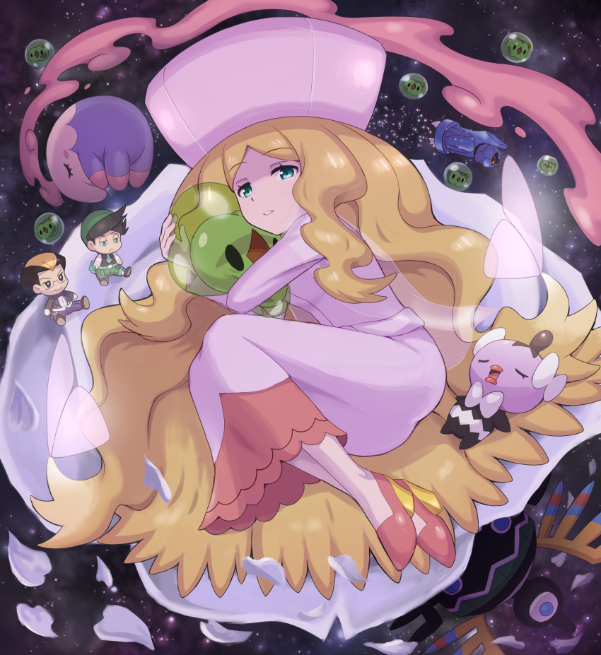 1girl 2boys absurdres aqua_eyes blonde_hair caitlin_(pokemon) commentary_request darach_(pokemon) dress duosion eyebrows_visible_through_hair eyelashes gen_5_pokemon hat high_heels highres holding legs_together long_hair long_sleeves looking_at_viewer multiple_boys musharna parted_lips pink_dress pink_footwear pink_headwear pokemoa pokemon pokemon_(creature) pokemon_(game) pokemon_dppt pokemon_platinum shiny shiny_hair sigilyph solosis star_(sky) thorton_(pokemon)