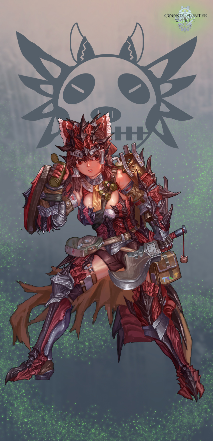1girl absurdres armor armored_boots armpit_crease ascot backlighting bangs bare_shoulders belt bike_shorts boots bow breasts brown_hair cameltoe cleft_of_venus cookie_(touhou) copyright_name dagger explosive frilled_bow frills gauntlets gloves grenade hair_between_eyes hair_bow hakurei_reimu helmet highres holding holding_dagger holding_weapon keychain large_breasts leg_armor looking_to_the_side medium_hair monster_hunter monster_hunter:_world pouch rathalos_(armor) red_bow red_eyes red_gloves reu_(cookie) shield standing teeth thigh_strap tomovan touhou utility_belt weapon yellow_neckwear |d