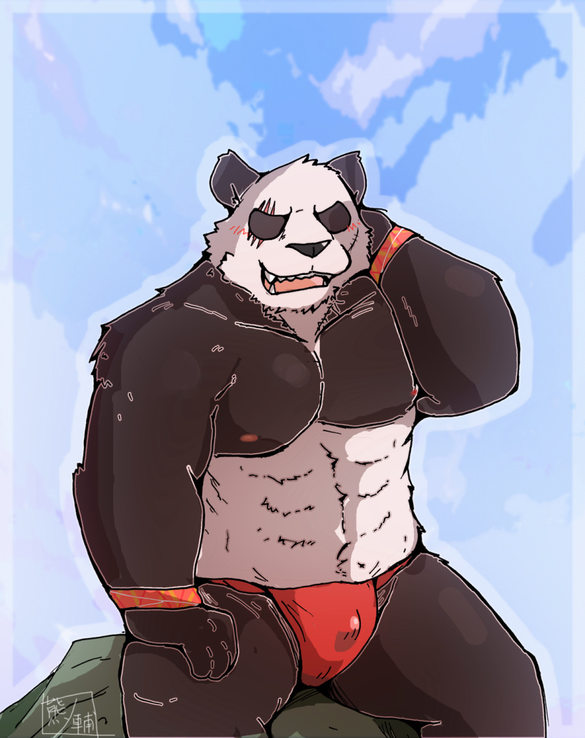 2020 anthro asian_clothing barazoku beastars black_body black_fur blush bulge clothing east_asian_clothing fundoshi fur giant_panda gouhin hi_res japanese_clothing kemono male mammal scar sitting snow_utamaru solo underwear ursid white_body white_fur