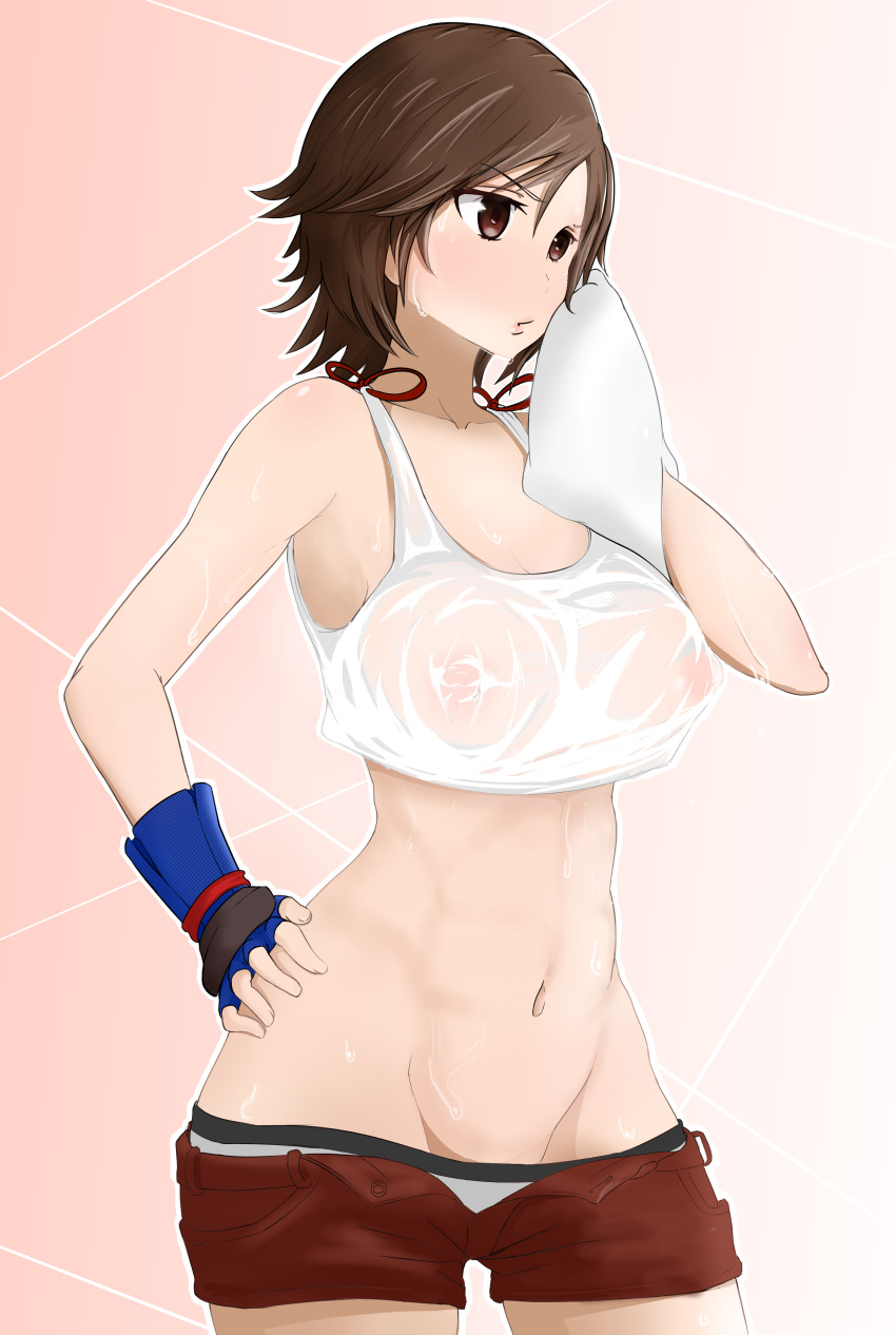 1girl abs absurdres blue_gloves brown_eyes brown_hair covered_nipples crop_top deep_stigma fingerless_gloves gloves grey_panties hand_on_hip highres kazama_asuka lowleg lowleg_panties lowleg_shorts navel no_bra open_fly panties red_shorts see-through shirt short_hair shorts solo standing sweat tekken towel underwear wet wet_clothes wet_shirt wiping_sweat