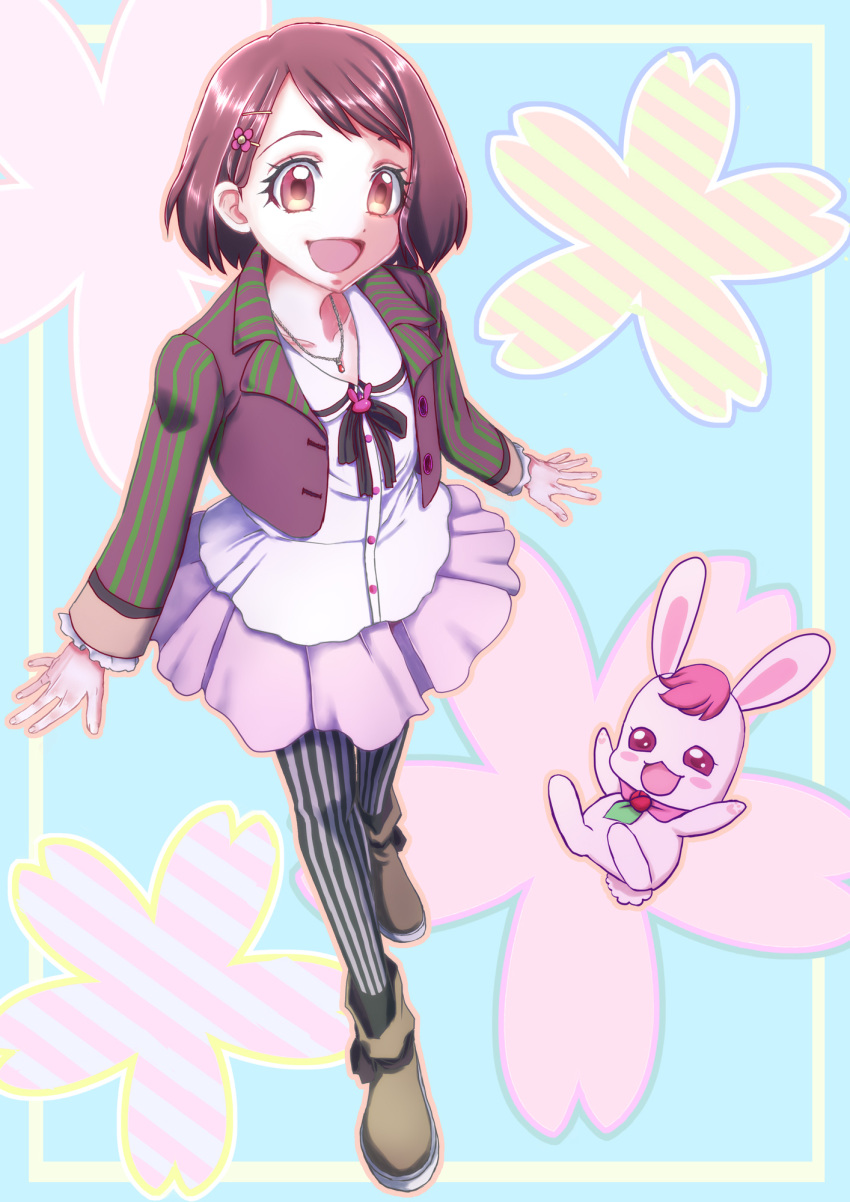 1girl :d amawa_kazuhiro bangs black_ribbon blazer blue_background brown_eyes brown_footwear brown_hair brown_jacket bunny collarbone dress_shirt flower full_body hair_flower hair_ornament hairclip hanadera_nodoka healin'_good_precure highres jacket jewelry long_sleeves miniskirt neck_ribbon necklace open_blazer open_clothes open_jacket open_mouth pantyhose pink_skirt pleated_skirt precure rabirin_(precure) ribbon shiny shiny_hair shirt short_hair skirt smile solo striped striped_legwear swept_bangs vertical-striped_legwear vertical_stripes white_shirt