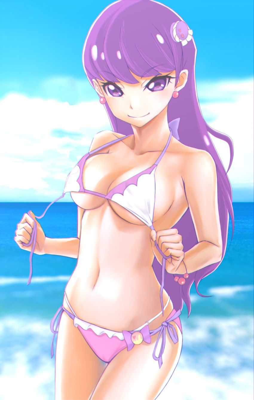 1girl amawa_kazuhiro bangs bikini blue_sky blurry blurry_background bow bracelet breasts cleavage closed_mouth cloud collarbone cowboy_shot day earrings eyebrows_visible_through_hair food_themed_hair_ornament hair_ornament halterneck highres jewelry kirakira_precure_a_la_mode kotozume_yukari long_hair looking_at_viewer macaron_hair_ornament medium_breasts mismatched_bikini multi-strapped_bikini navel ocean outdoors pink_bikini precure purple_bow purple_eyes purple_hair purple_ribbon ribbon shiny shiny_hair side-tie_bikini sideboob sky smile solo standing straight_hair summer swimsuit underboob untied untied_bikini very_long_hair white_bikini