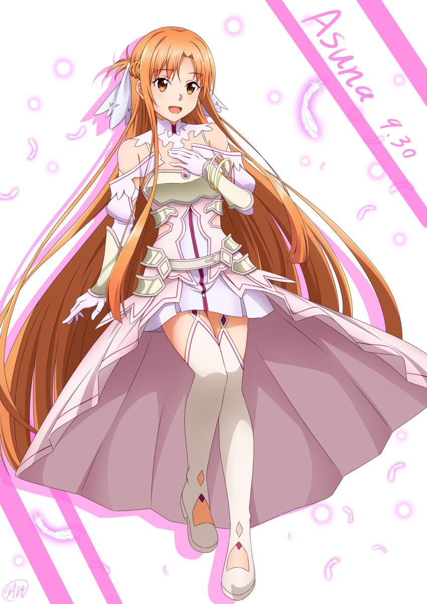 1girl :d asuna_(stacia) boots bracelet breastplate brown_eyes brown_hair character_name detached_collar dress floating_hair full_body gloves highres jewelry ken-ji long_hair long_sleeves open_mouth shiny shiny_hair short_dress smile solo standing sword_art_online sword_art_online:_alicization thigh_boots thighhighs very_long_hair white_background white_dress white_feathers white_footwear white_gloves white_legwear