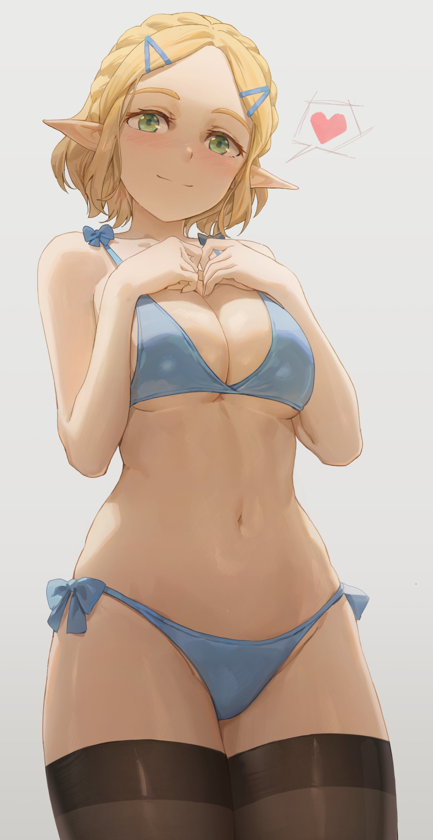 1girl absurdres bangs bare_shoulders bikini blonde_hair blue_eyes blush breasts cleavage green_eyes hair_ornament hairclip hands_on_own_chest heart highres looking_at_viewer medium_breasts navel parted_bangs pointy_ears princess_zelda short_hair smile spoken_heart swimsuit the_legend_of_zelda the_legend_of_zelda:_breath_of_the_wild thighhighs thighs yohan1754