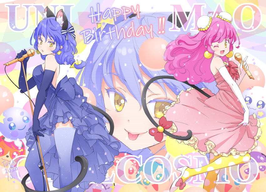 3girls :d animal_ear_fluff animal_ears backless_dress backless_outfit blue_dress blue_gloves blue_hair blue_legwear bow bowtie breasts bun_cover cat_ears cat_tail copyright_name double_bun dress earrings elbow_gloves floating_hair frilled_dress frills from_side gloves hair_ribbon happy_birthday high_heels highres holding holding_microphone jewelry long_hair looking_at_viewer mao_(precure) medium_breasts microphone microphone_stand multiple_girls open_mouth pink_bow pink_dress pink_hair polka_dot polka_dot_legwear precure pumps red_bow red_neckwear ribbon shoe_bow shoes short_dress sleeveless sleeveless_dress smile standing star_twinkle_precure strapless strapless_dress striped striped_ribbon tail thighhighs tongue tongue_out tuqi_pix very_long_hair white_footwear white_gloves yellow_eyes yellow_legwear yuni_(precure)