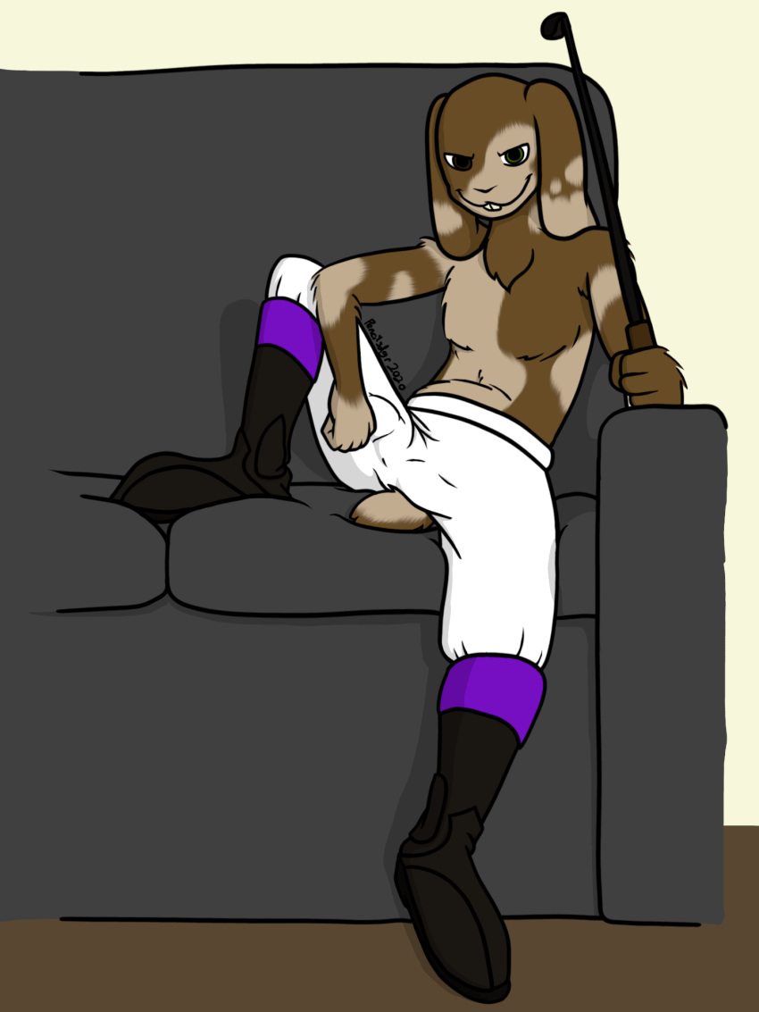 2020 3:4 anthro boots bottomwear brown_body brown_fur bulge clothed clothing digital_media_(artwork) domestic_rabbit erection erection_under_clothing footwear fur grin heterochromia hi_res lagomorph leporid long_ears looking_at_viewer lop_rabbit male mammal mottled oryctolagus pants pencilsdgr rabbit riding_crop short simple_background simple_shading smile solo topless topless_male whip