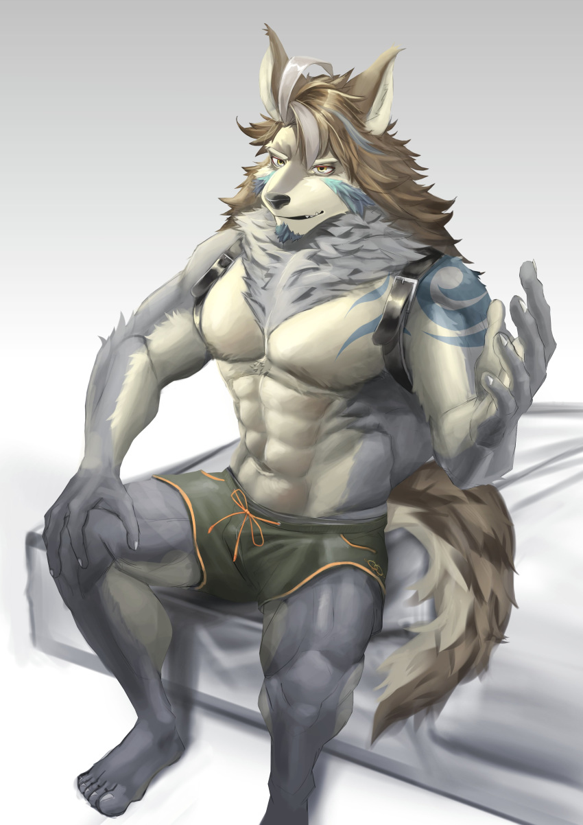 2020 abs absurd_res anthro bottomwear canid canine canis clothing fur hair hi_res male mammal muscular muscular_anthro muscular_male pecs solo tattoo temujin tokyo_afterschool_summoners video_games vlw4zegrsgtsi6e white_body white_fur wolf