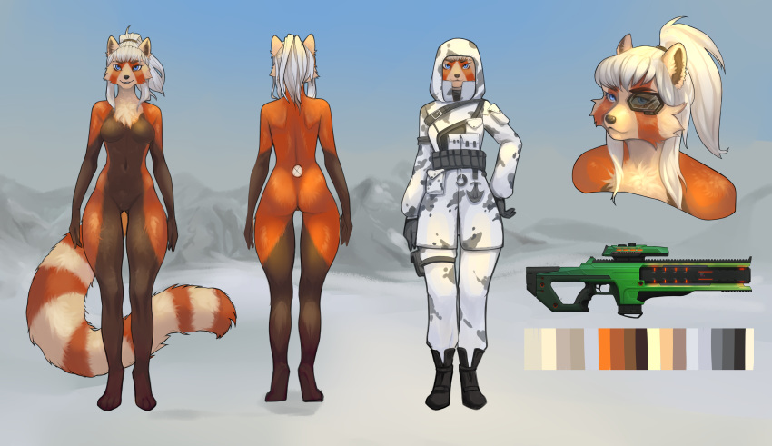 absurd_res aestaroth ailurid anthro beam_rifle clothing female front_view hair headshot_portrait hi_res looking_at_viewer mammal merime military_uniform model_sheet nava_(hunterx90) nude ponytail portrait rear_view red_panda soldier super_soldier uniform visor warrior white_hair winter_camo