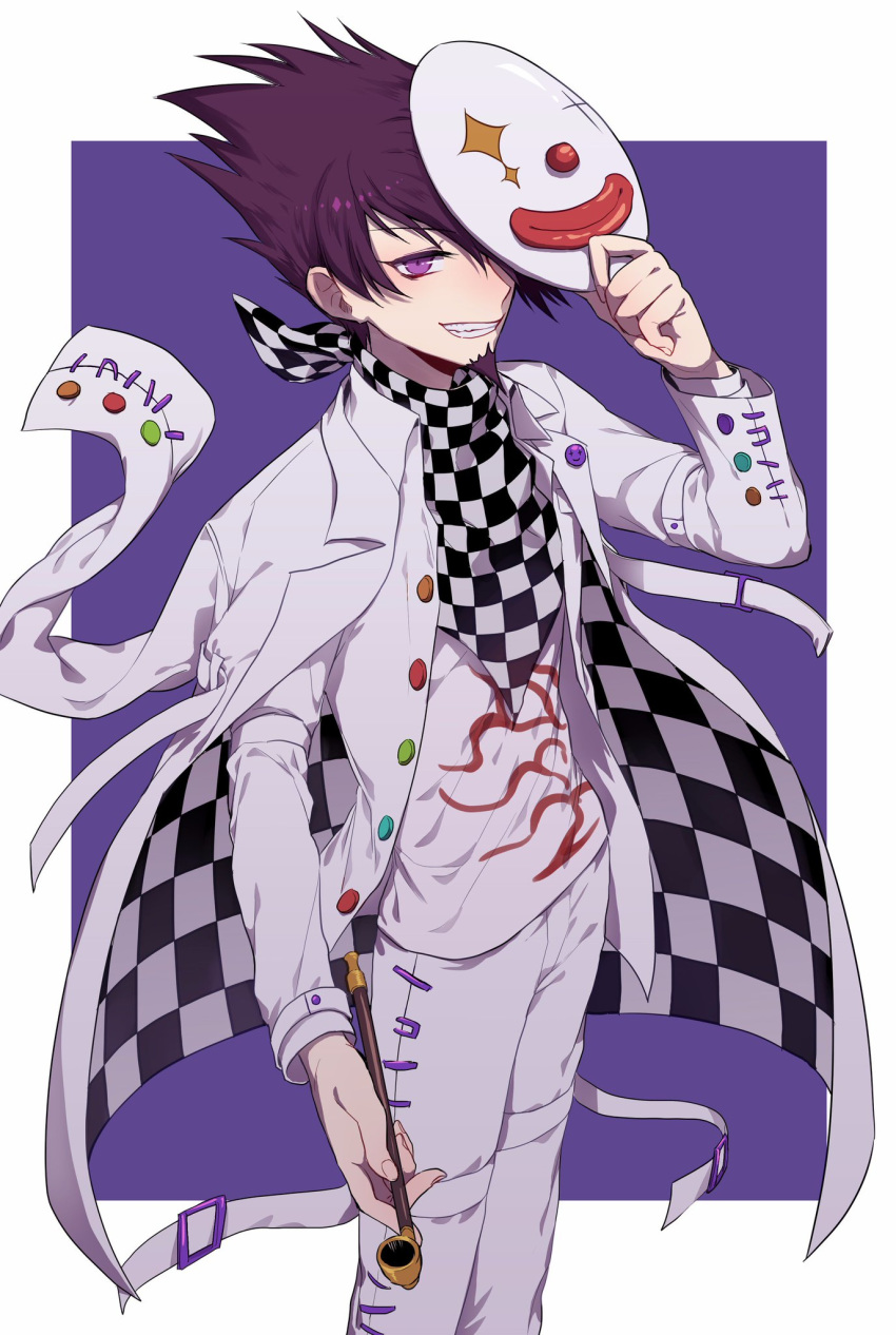 1boy checkered checkered_background checkered_floor checkered_scarf commentary_request cosplay danganronpa facial_hair feet_out_of_frame goatee grin hand_up highres holding holding_mask holding_pipe jacket jacket_on_shoulders layered_sleeves long_sleeves looking_at_viewer male_focus mask mask_removed momota_kaito nanin new_danganronpa_v3 open_clothes open_shirt ouma_kokichi ouma_kokichi_(cosplay) pants pipe purple_eyes scarf shirt smile solo spiked_hair standing teeth white_jacket white_pants white_shirt