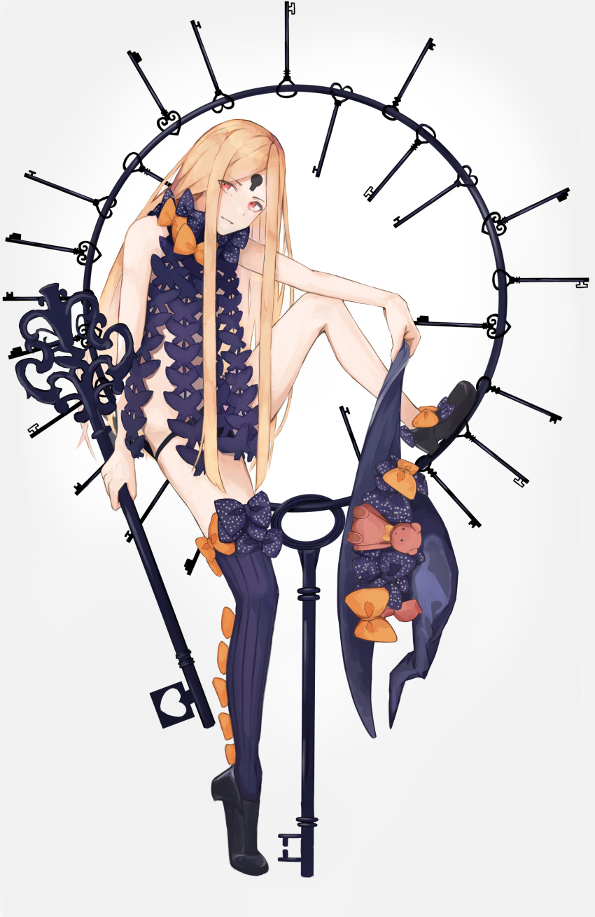 1girl abigail_williams_(fate/grand_order) absurdres bangs barefoot black_bow black_headwear black_legwear black_panties blonde_hair bow fate/grand_order fate_(series) flat_chest hair_bow hat hat_bow hat_removed headwear_removed highres key keyhole long_hair multiple_bows multiple_hat_bows navel orange_bow oversized_object panties pare parted_bangs polka_dot polka_dot_bow red_eyes revealing_clothes single_thighhigh sitting solo stuffed_animal stuffed_toy suction_cups teddy_bear thighhighs underwear very_long_hair witch_hat