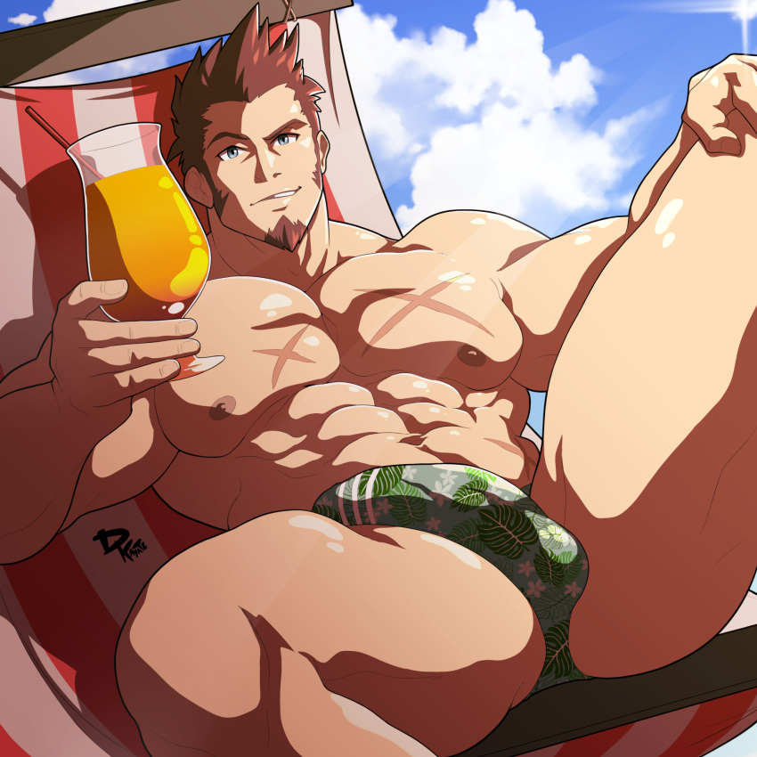 1boy abs alternate_costume bara bare_chest blue_eyes brown_hair bulge chest chest_scar cloud cloudy_sky cup dkmate drinking_glass erection erection_under_clothes facial_hair fate/grand_order fate_(series) goatee highres leg_up male_focus male_swimwear muscle napoleon_bonaparte_(fate/grand_order) navel nipples scar short_hair sideburns sky solo summer swim_briefs swimwear thick_thighs thighs